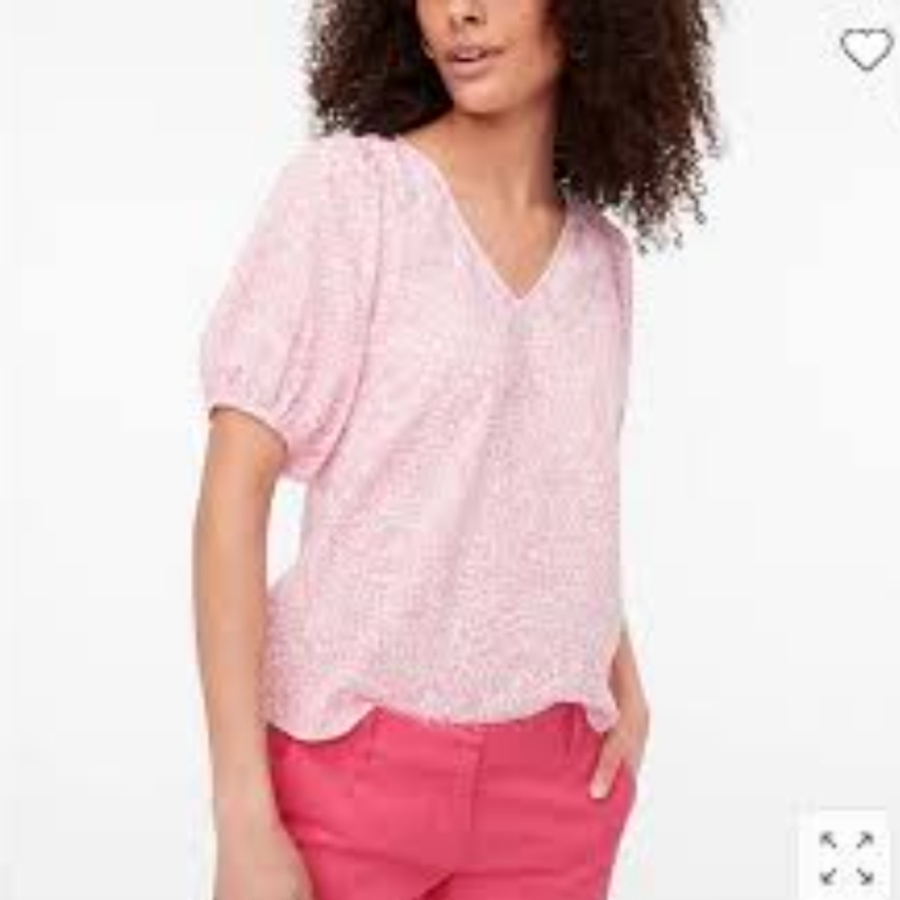 NWT J. Crew Factory V-Neck Floral Blouse Flowy Puff Sleeve Pink/White Size PXS